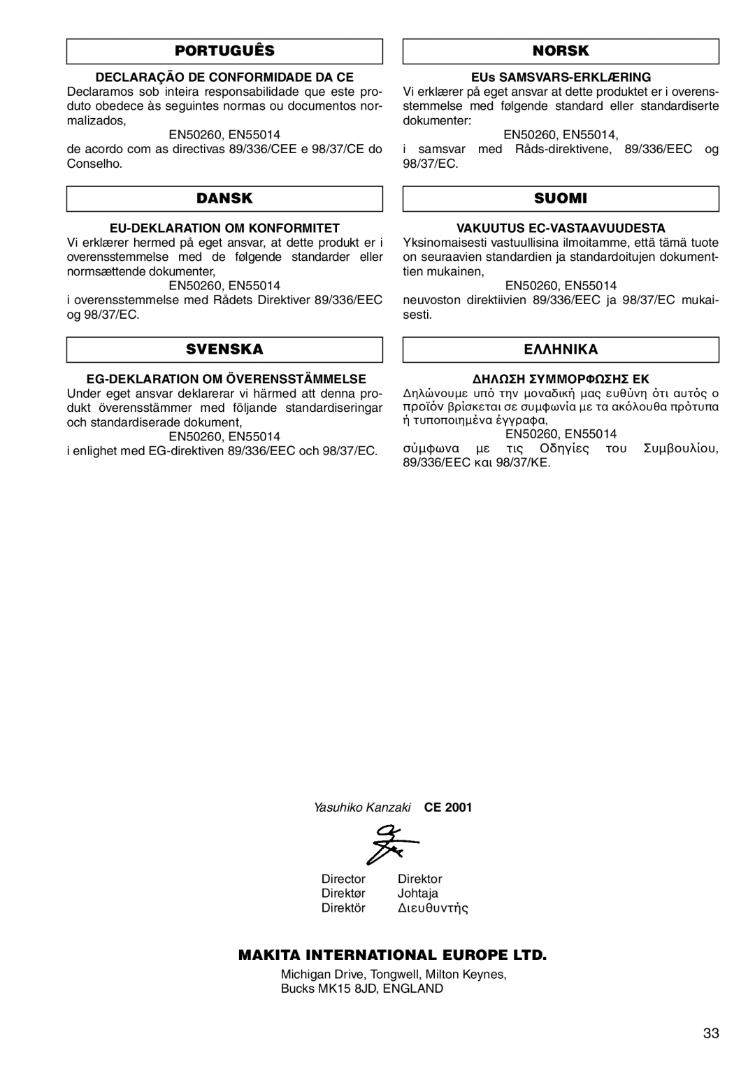 Makita 4033D, 4013D instruction manual Português, Norsk, Dansk, Suomi, Svenska 