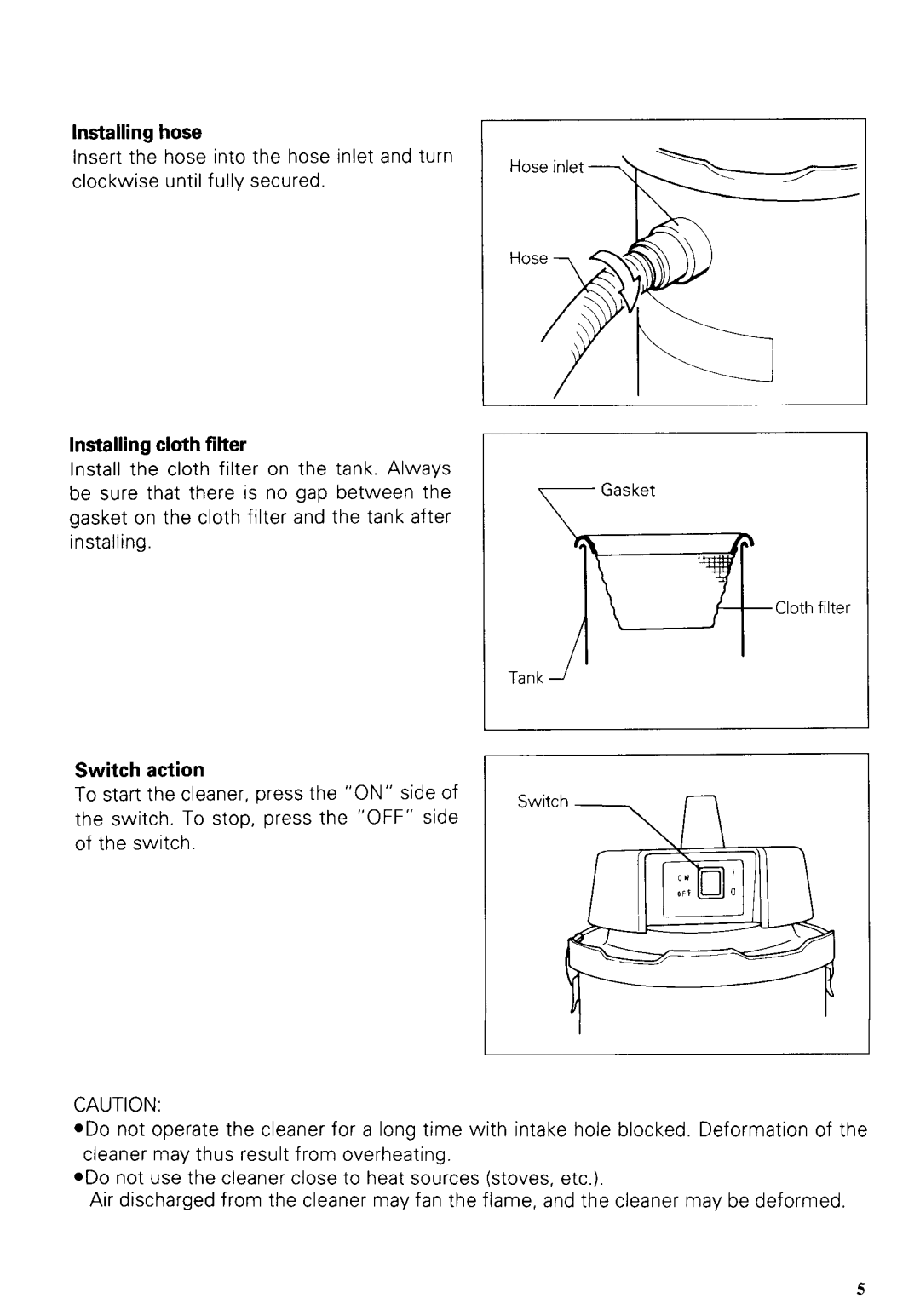 Makita 406 instruction manual Installing hose, Installingcloth filter, Switch action, Tank Switch 