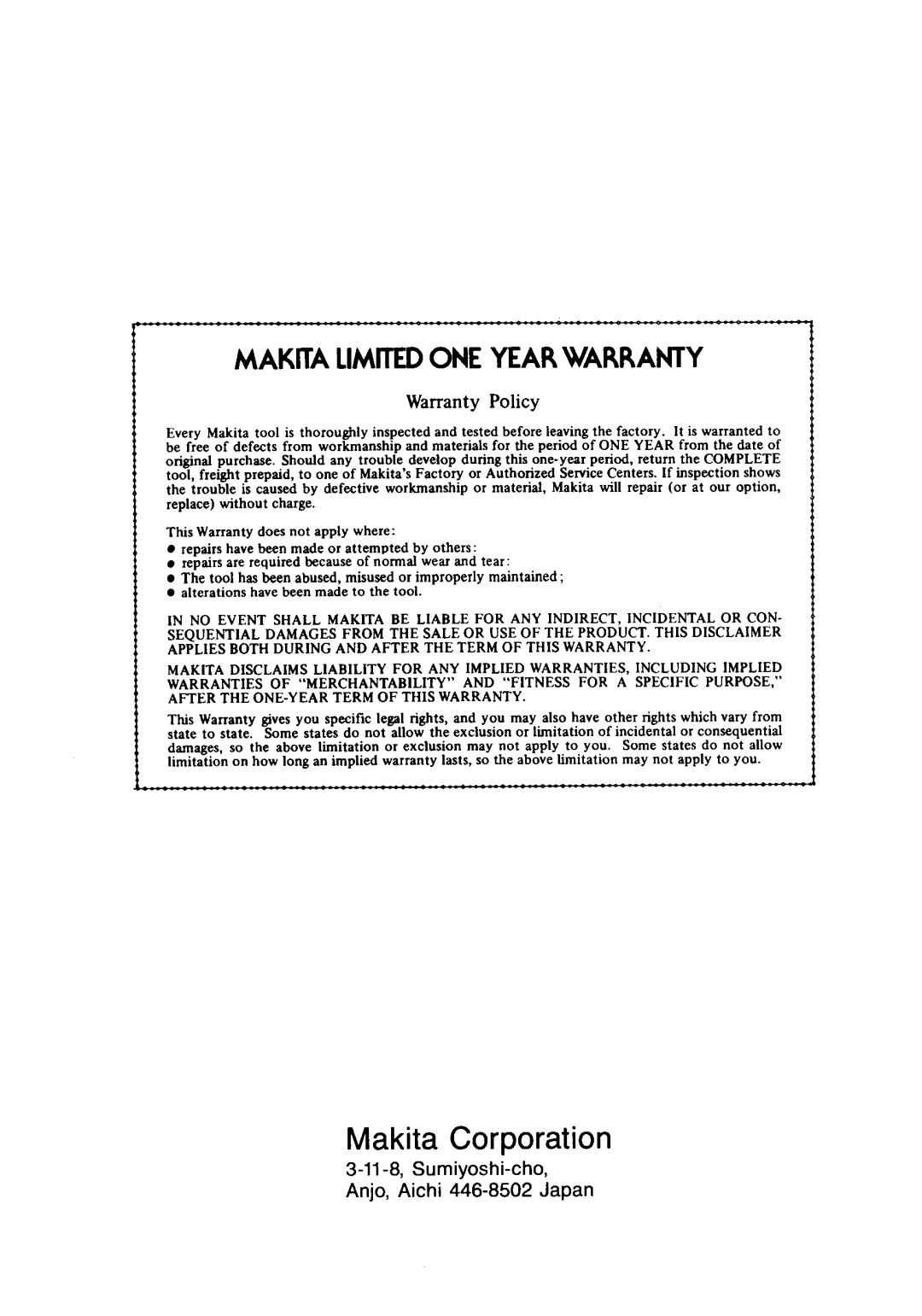 Makita 4093D dimensions MAKITA LIMrIED ONE YEAR WARRANTY, Makita Corporation, Warranty Policy 