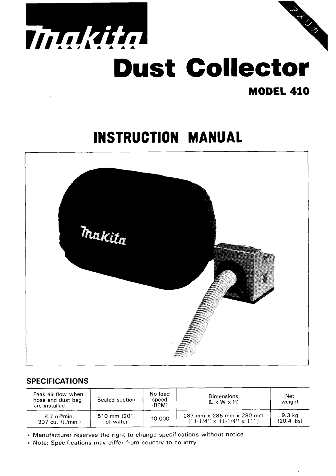 Makita 410 instruction manual Dust Collector 