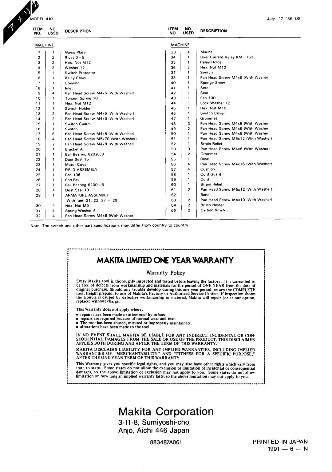 Makita 410 instruction manual Makita Limed ONE Year Warranty, $.D 