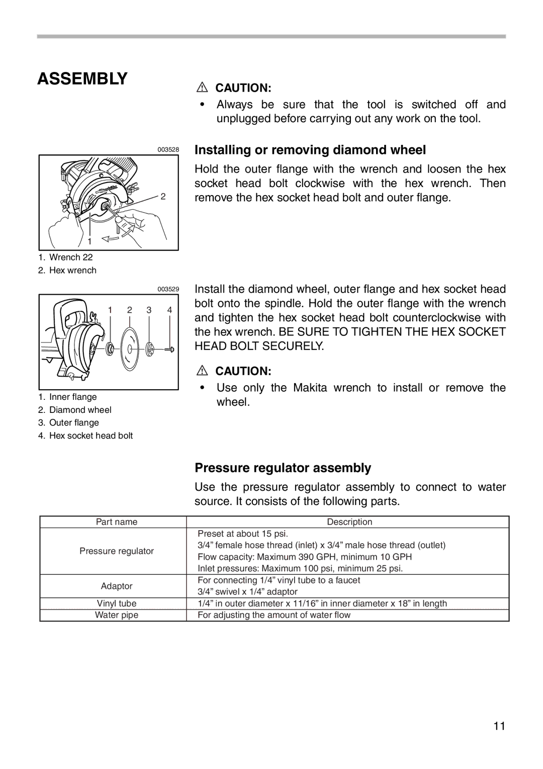 Makita 4101RH instruction manual Assembly, Installing or removing diamond wheel, Pressure regulator assembly 