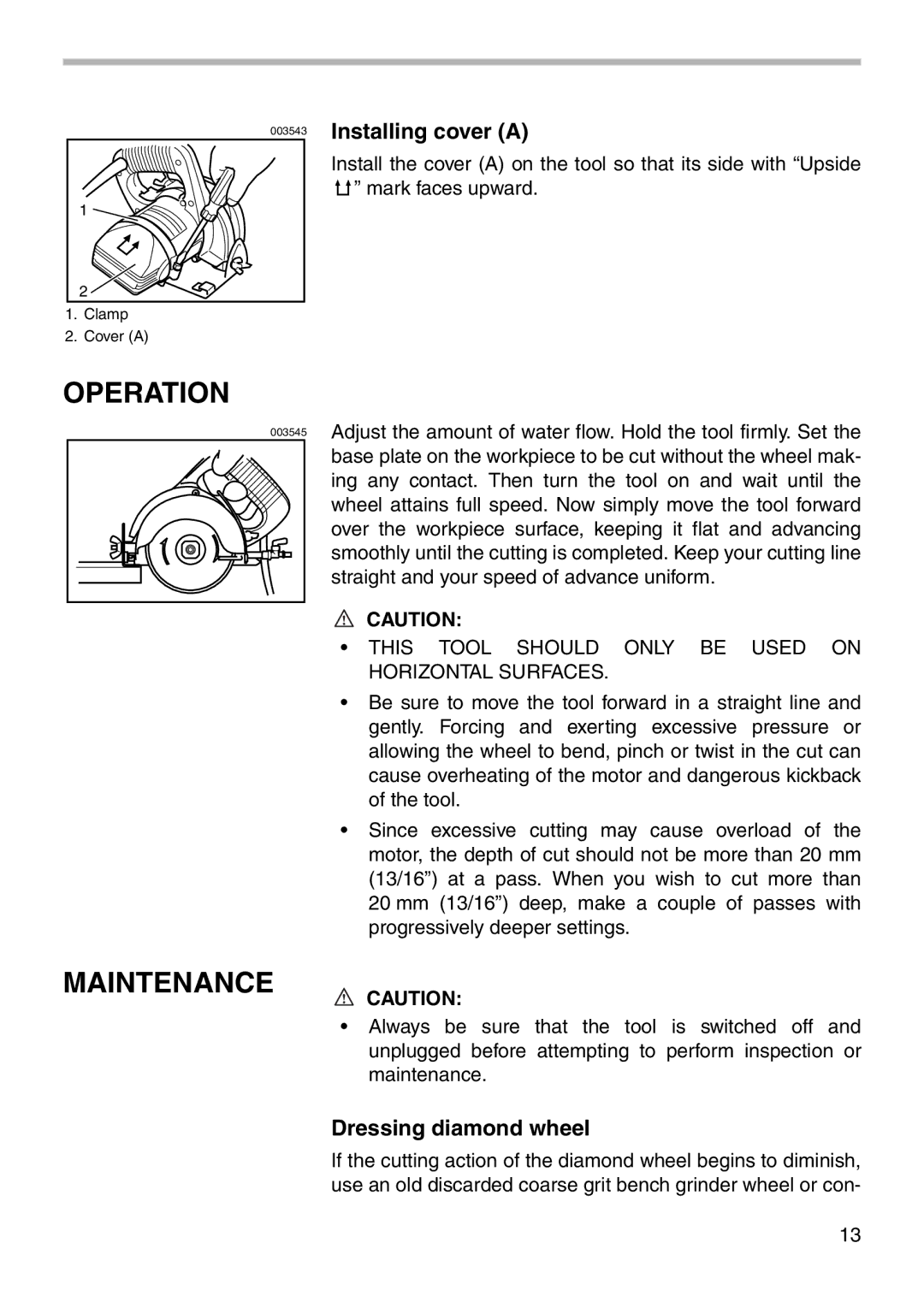 Makita 4101RH instruction manual Operation, Maintenance, Installing cover a, Dressing diamond wheel 