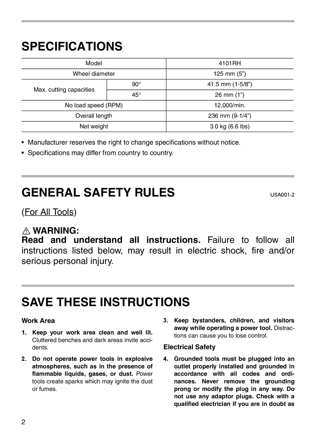 Makita 4101RH instruction manual Specifications 