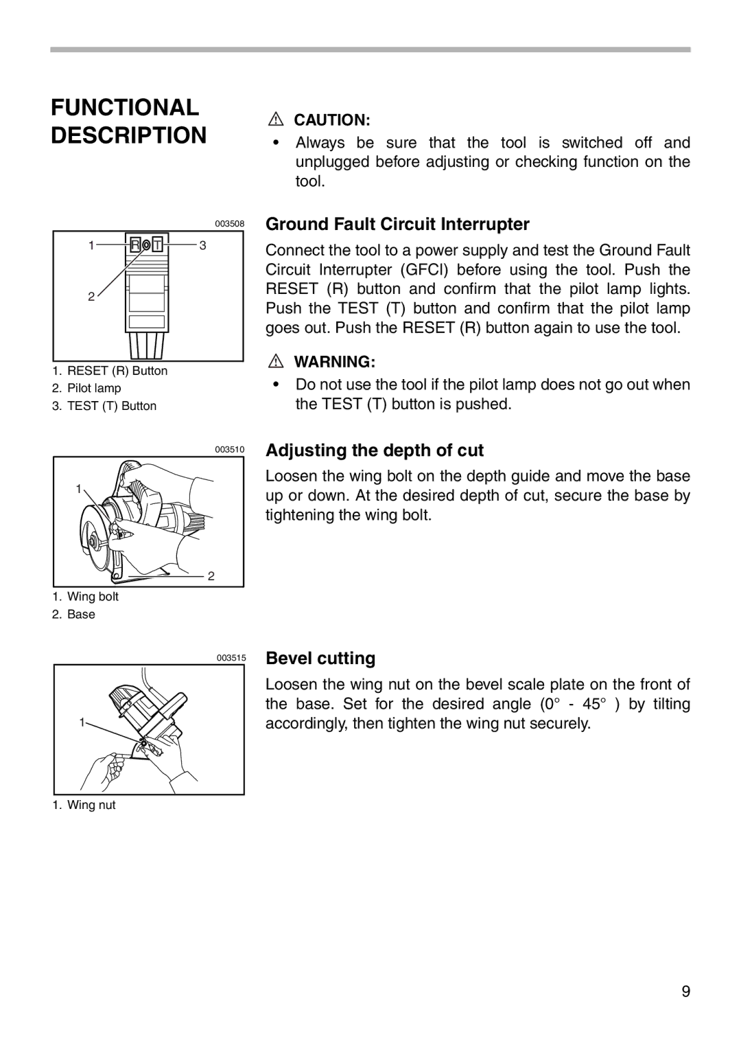 Makita 4101RH Functional Description, Ground Fault Circuit Interrupter, Adjusting the depth of cut, Bevel cutting 