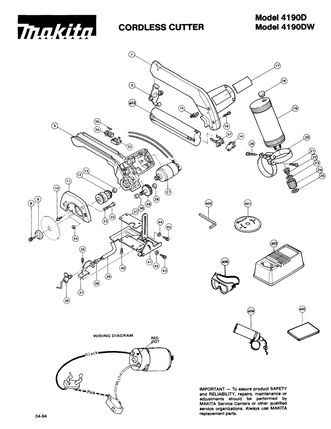 Makita 41900 manual Cutter, Model 419ODW, adjustments should be performed by, 04-94, replacement parts 