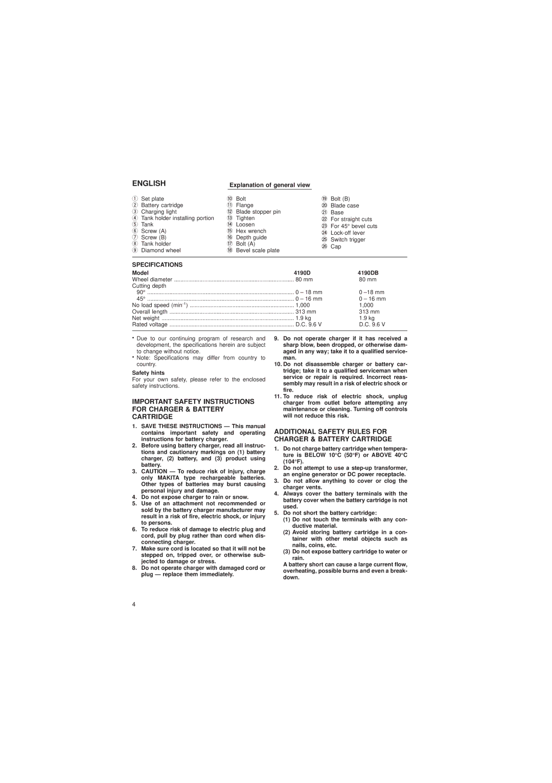 Makita 4190DB/4190DWB Additional Safety Rules for Charger & Battery Cartridge, Explanation of general view, Safety hints 