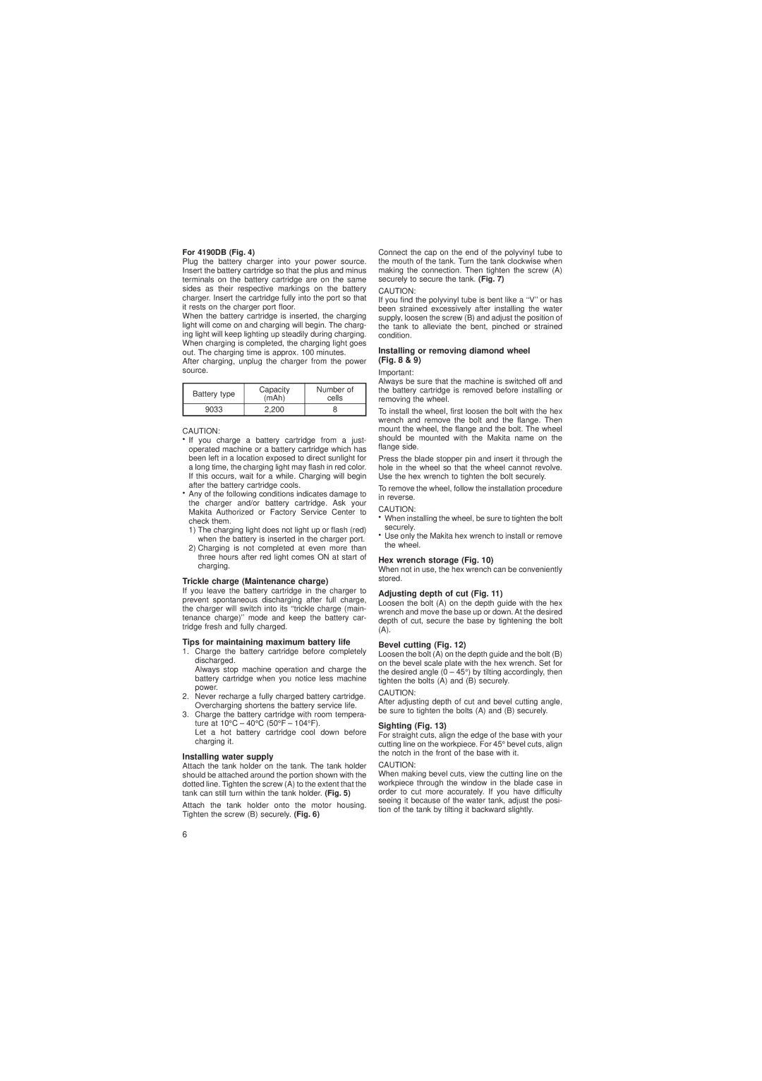Makita 4190DB/4190DWB Trickle charge Maintenance charge, Tips for maintaining maximum battery life, Hex wrench storage Fig 