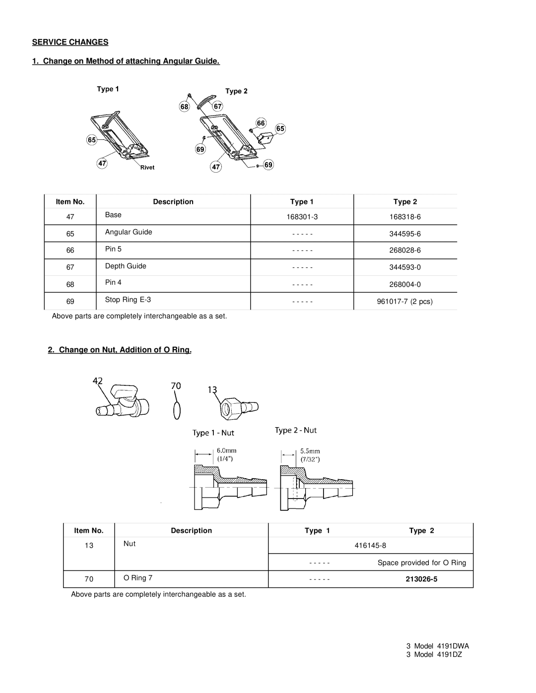 Makita 4191DZ Service Changes, Change on Method of attaching Angular Guide, Change on Nut, Addition of O Ring, 213026-5 