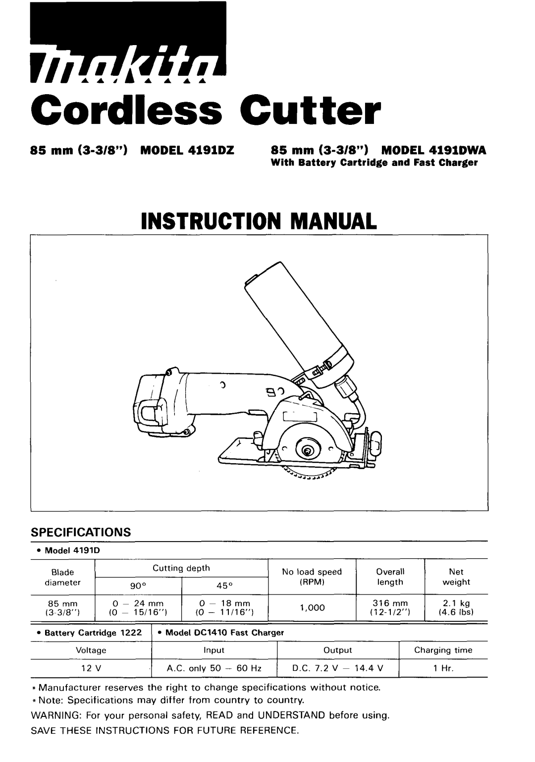 Makita 4191DZ instruction manual Cordless Cutter, PEClFICAT10NS 