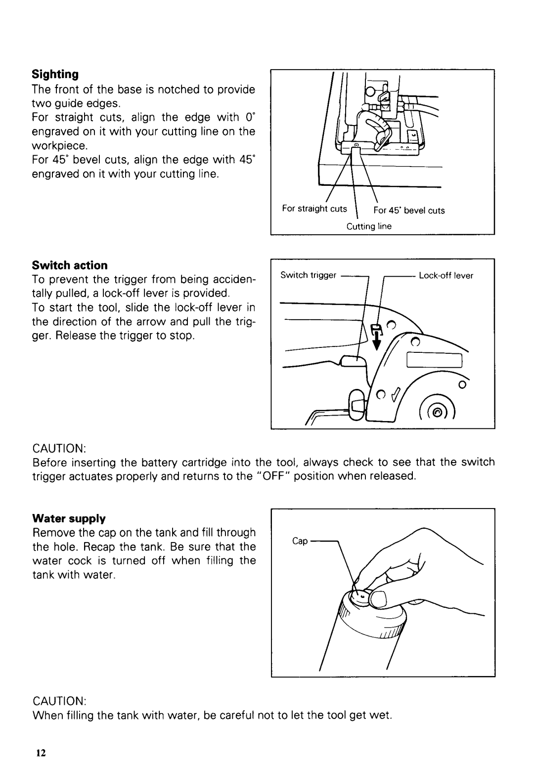 Makita 4191DZ instruction manual Sighting, Switch action, Water supply 