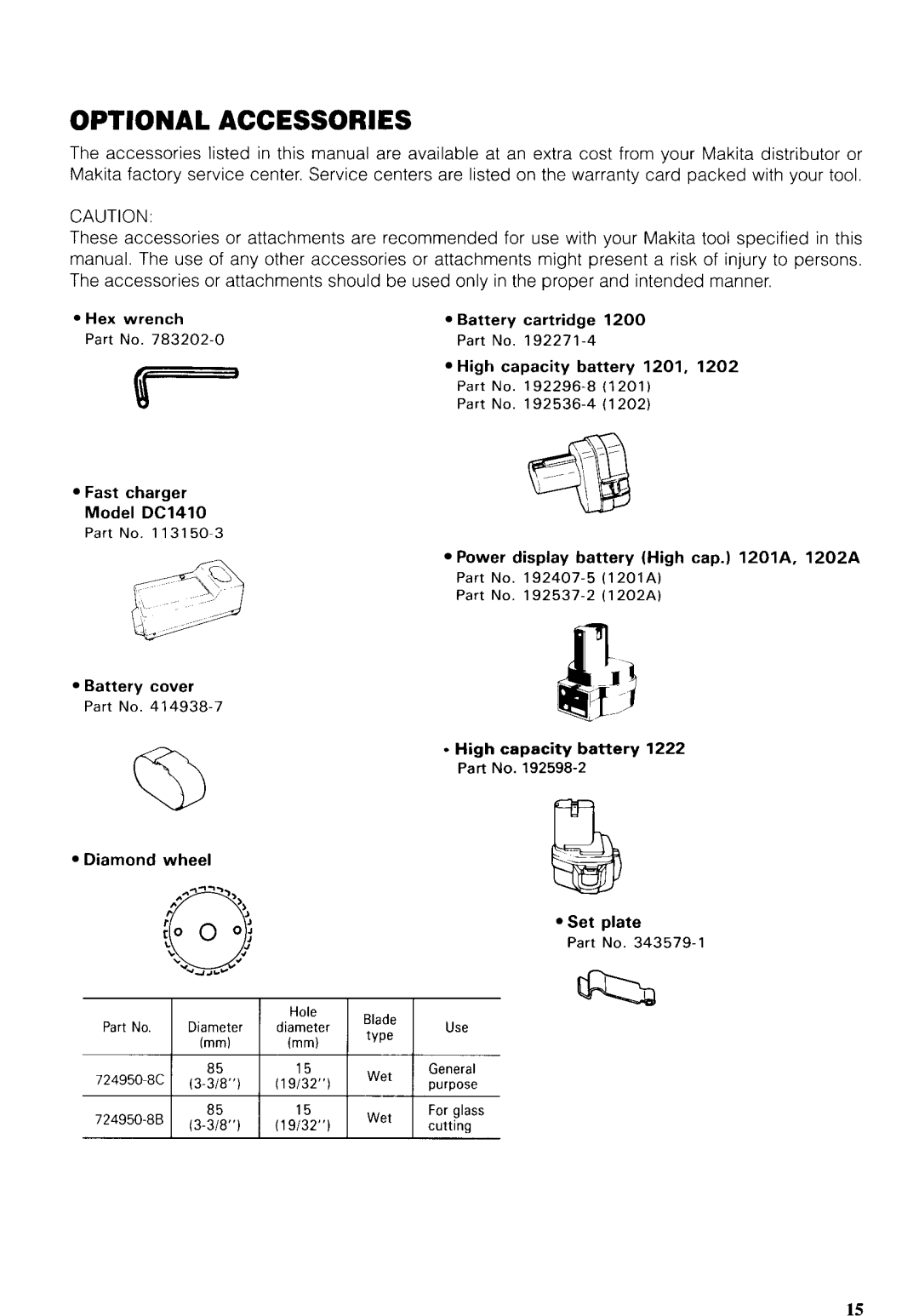 Makita 4191DZ instruction manual Optional Accessories 