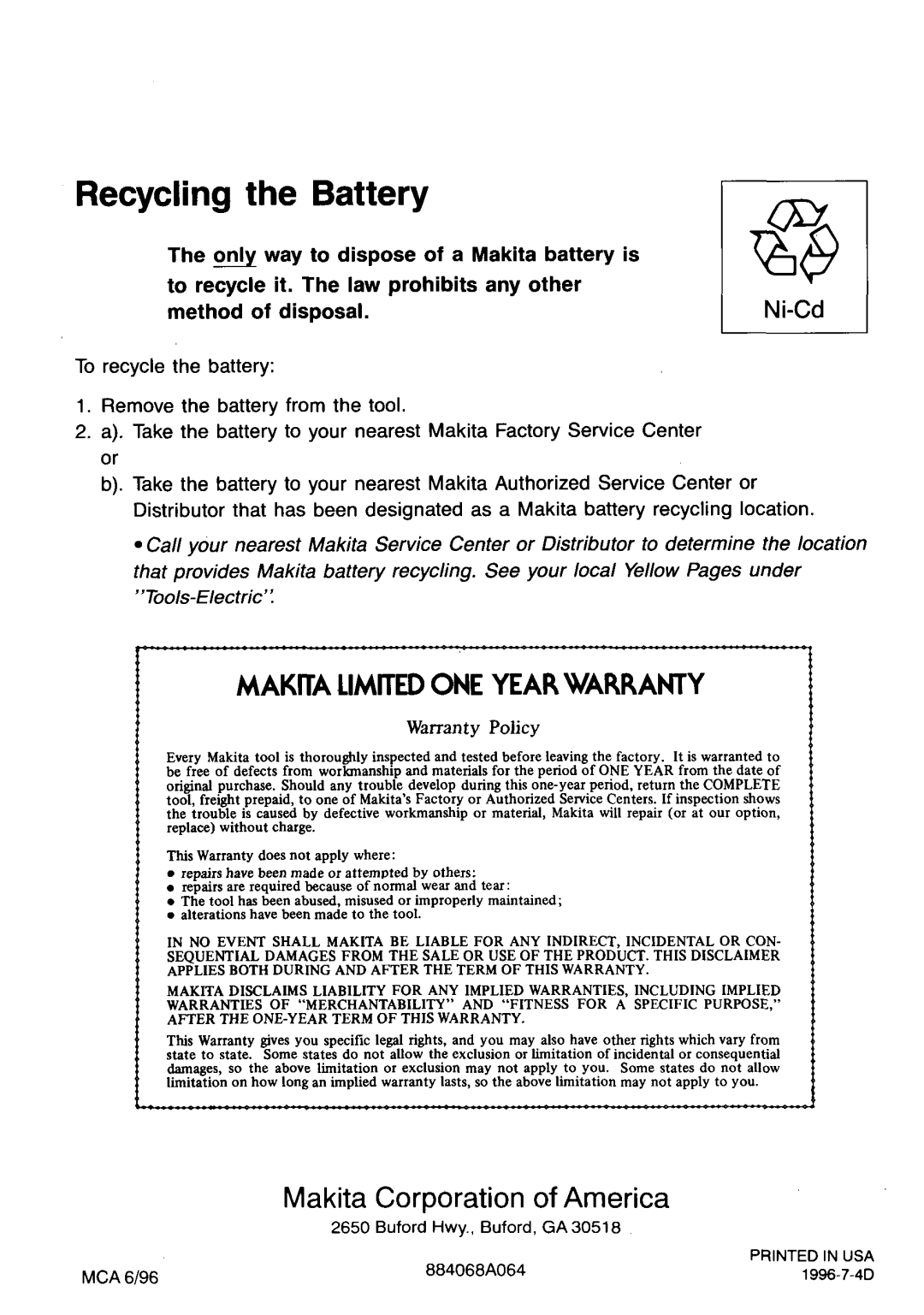 Makita 4191DZ instruction manual Recycling the Battery 