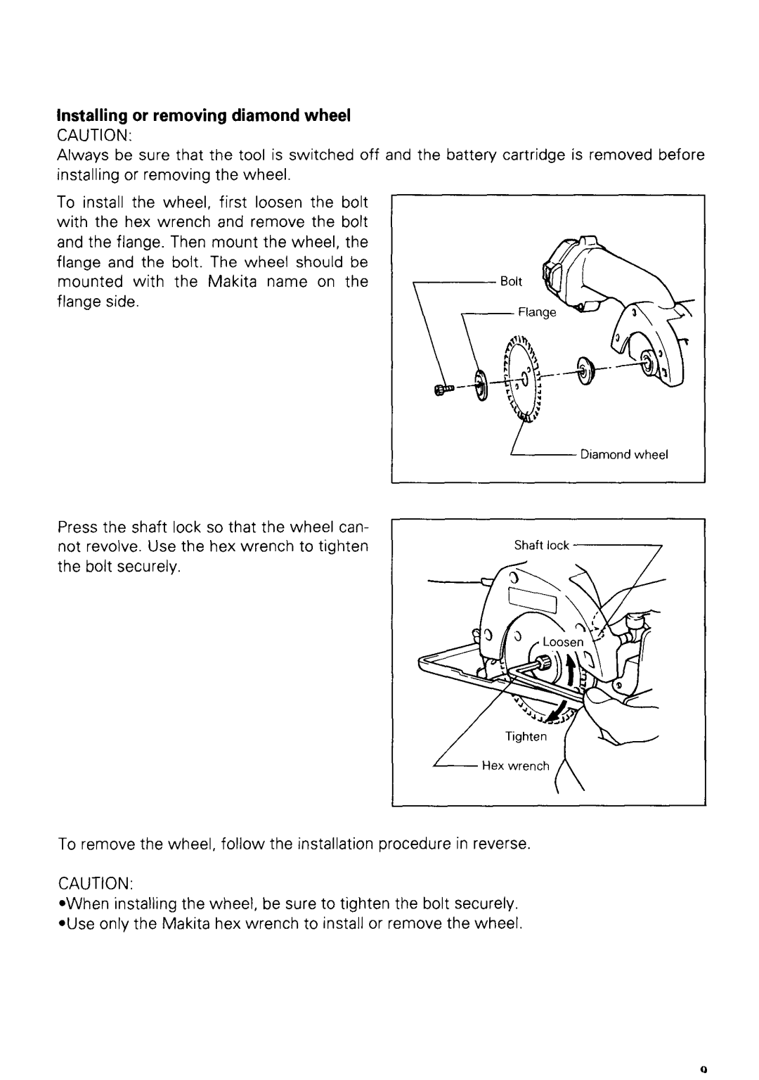 Makita 4191DZ instruction manual Installing or removing diamond wheel 