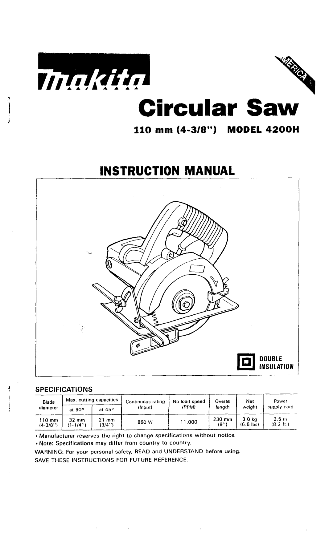 Makita 4200H manual Circular Saw 