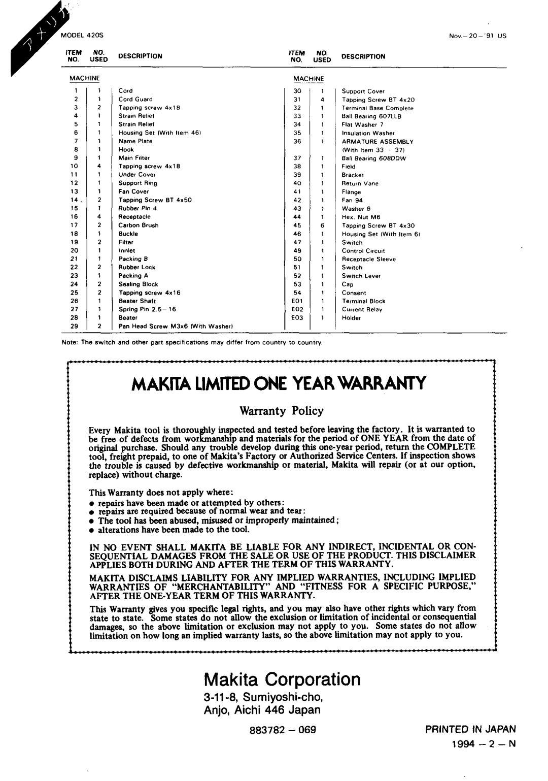 Makita 420S instruction manual 11-8, Sumiyoshi-cho Anjo, Aichi 446 Japan, Description Useo ~MACHINE 