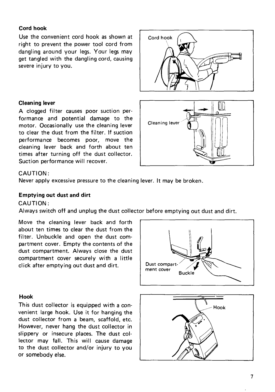 Makita 420S instruction manual Cord hook, Cleaning lever, Emptying out dust and dirt 