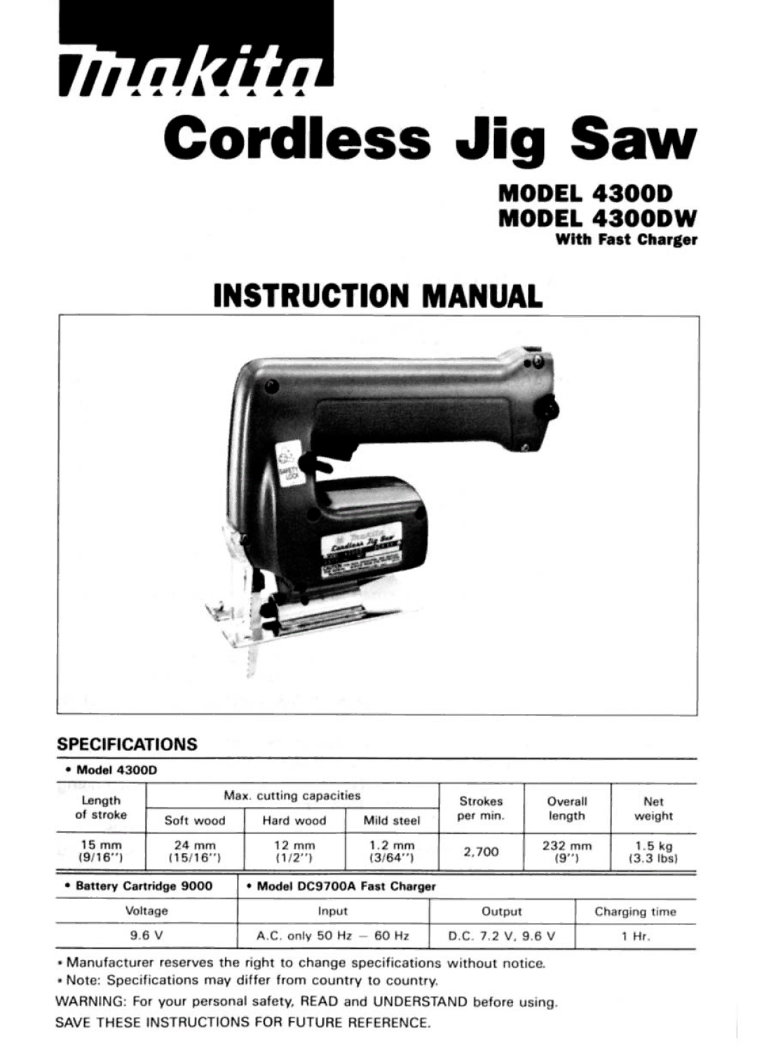 Makita 4300DW manual 