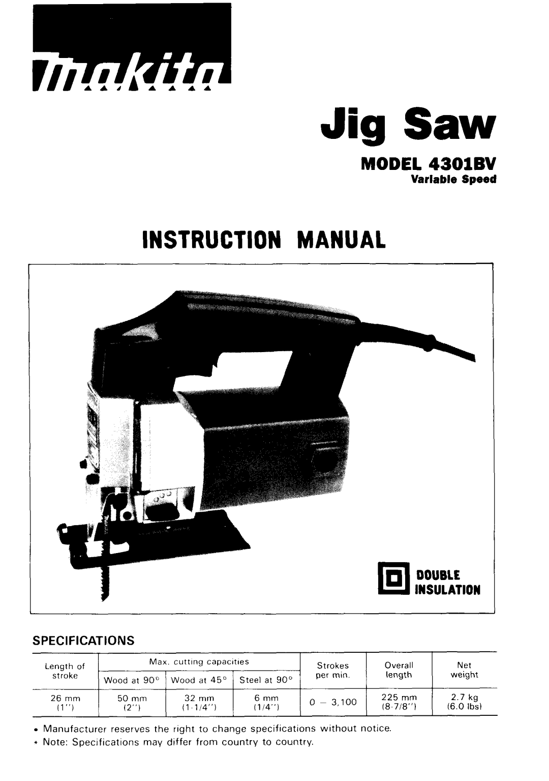 Makita 4301BV instruction manual Jig Saw 