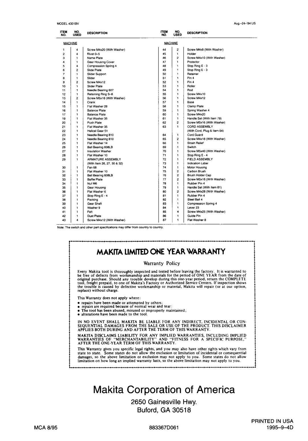 Makita 4301BV instruction manual Makita Corporation of America 