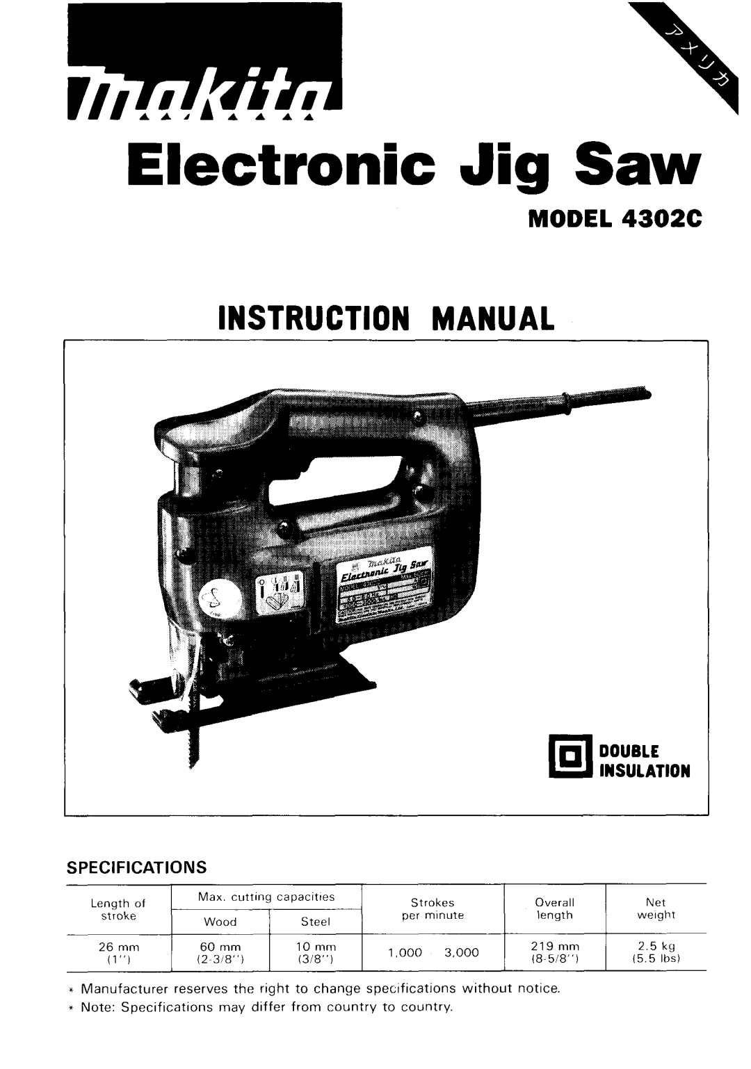 Makita 4302C instruction manual Electronic Jig Saw 