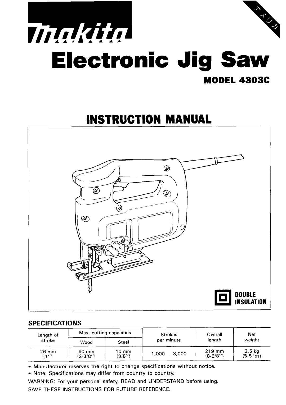 Makita 4303C specifications Electronic Jig Saw 