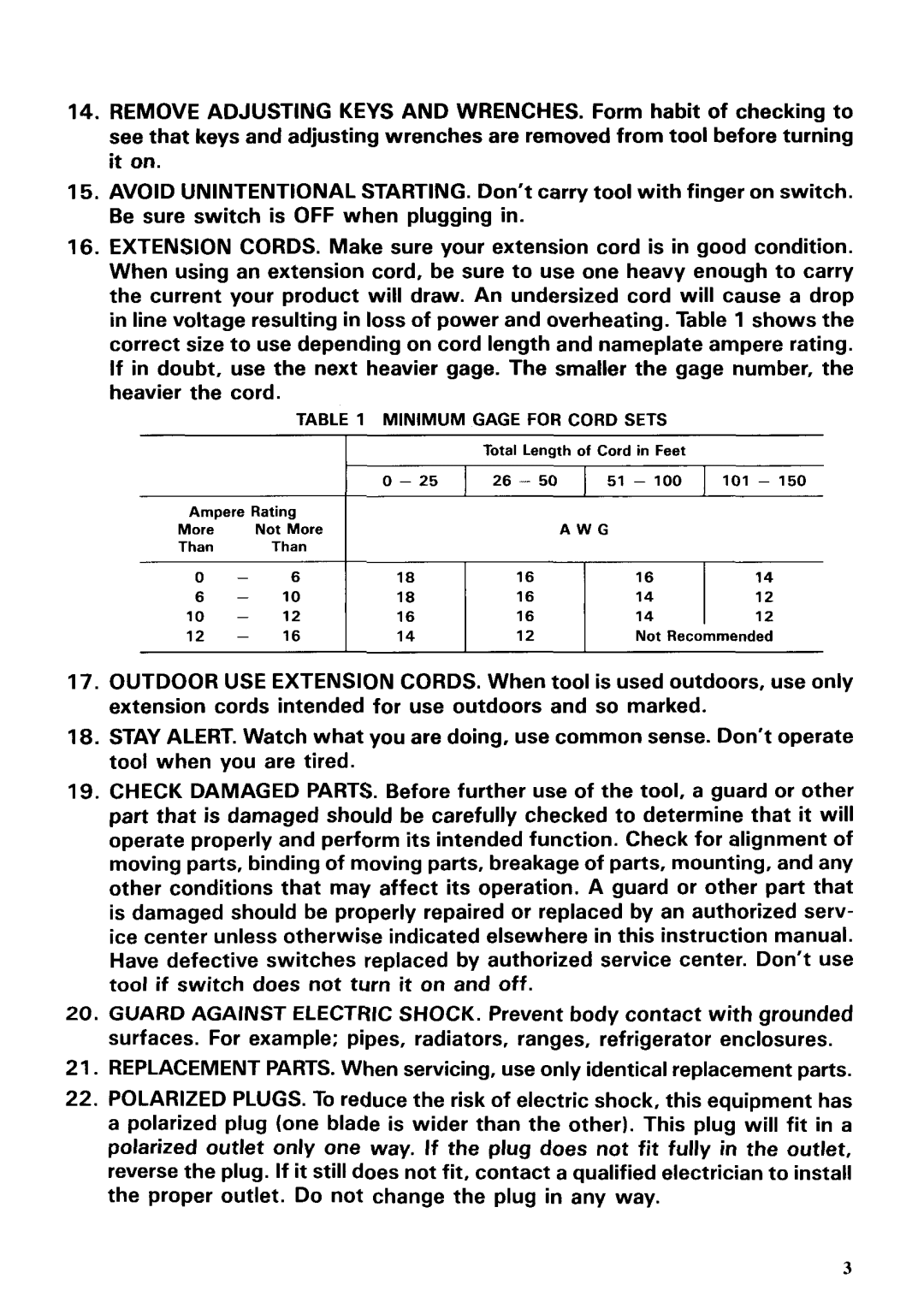 Makita 4303C specifications Minimum Gage for Cord Sets 