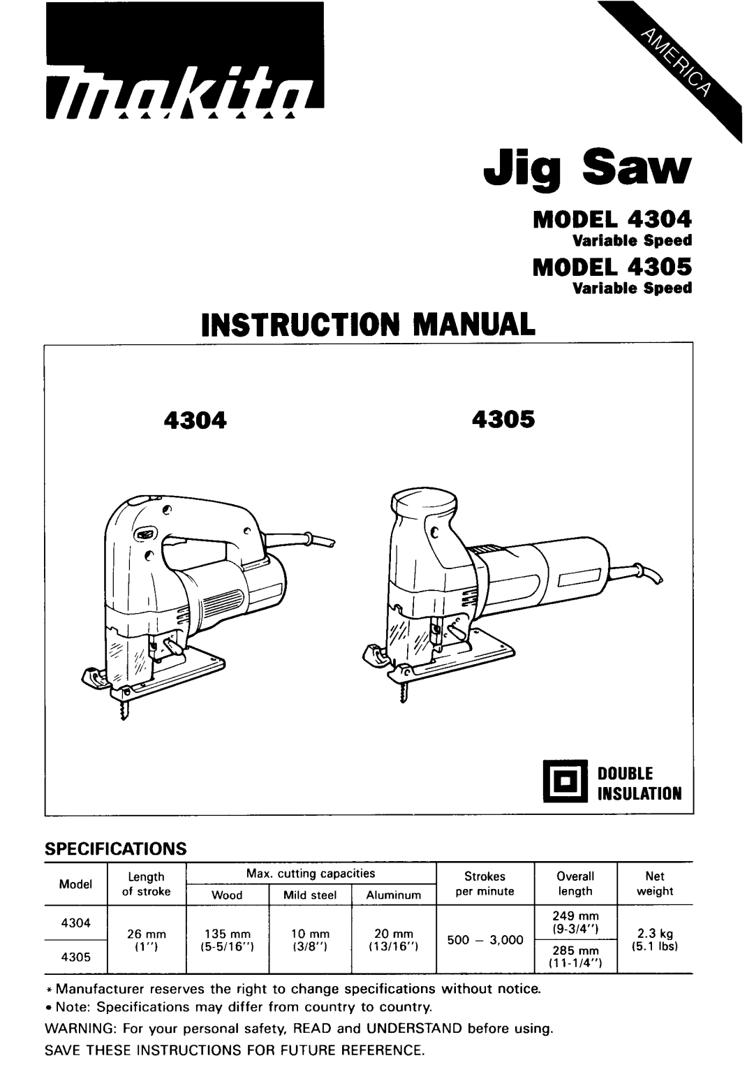 Makita 4304 instruction manual Jig Saw, Variable Speed 