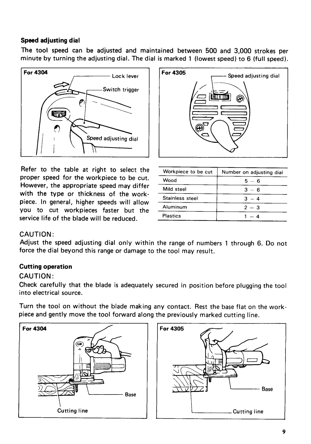 Makita 4304 instruction manual Speed adjusting dial, Cutting operation 