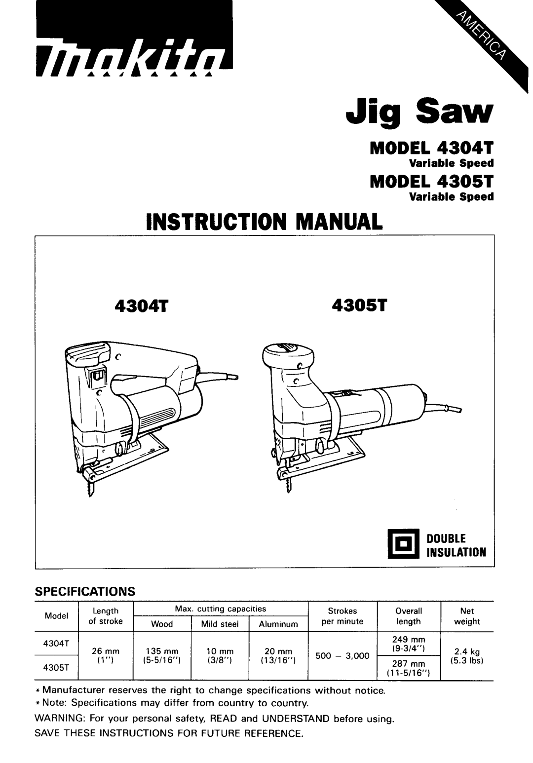 Makita 4304T, 4305T specifications Jig Saw 