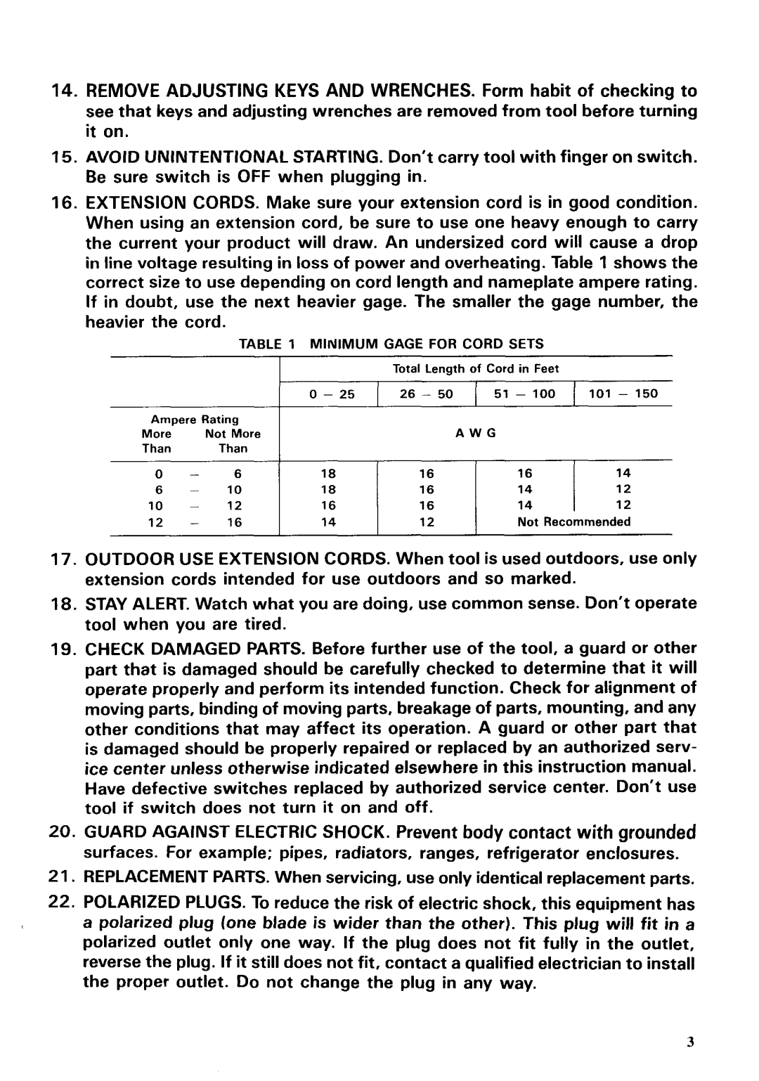 Makita 4304T, 4305T specifications Minimum Gage for Cord Sets 