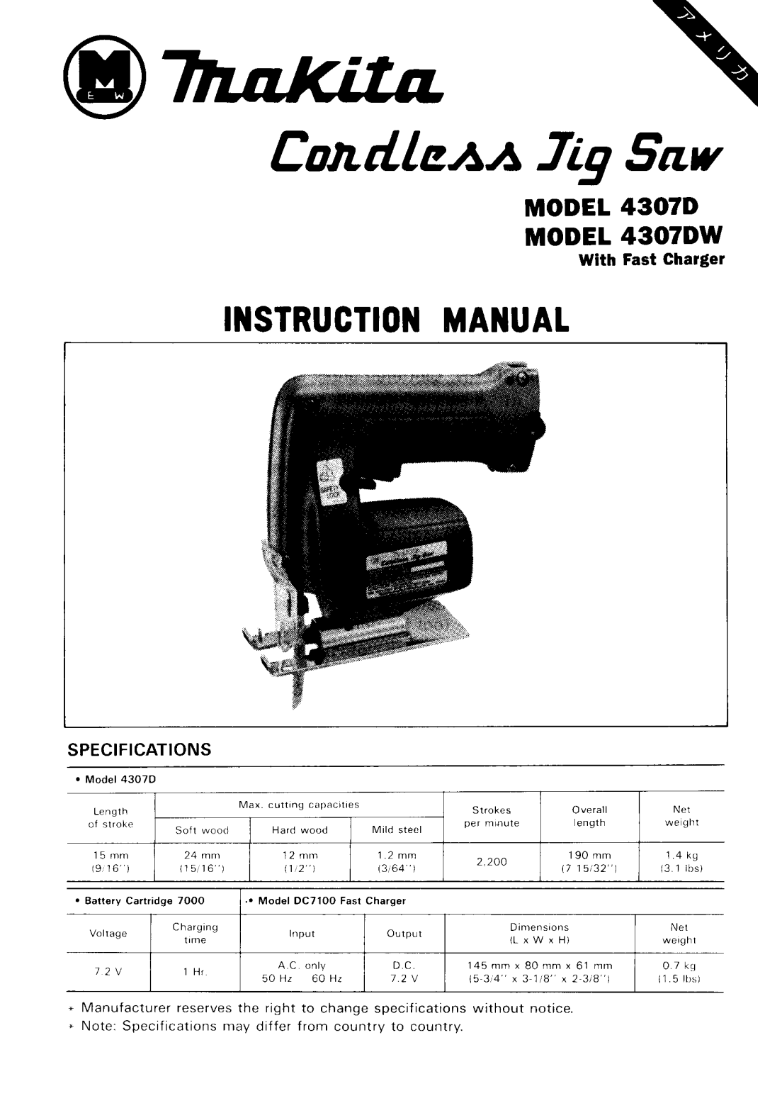 Makita 4307DW instruction manual Instruction, With Fast Charger 