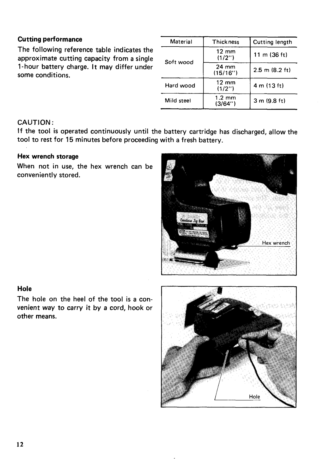 Makita 4307DW instruction manual Cutting performance, Hex wrench storage, Hole 