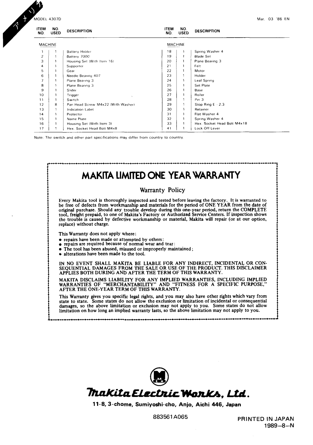 Makita 4307DW instruction manual Makita Limitedone Year Warranty 