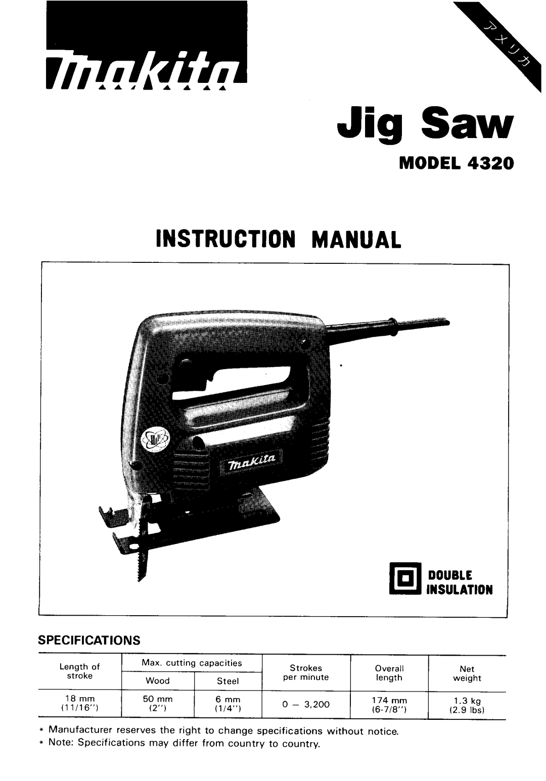 Makita 4320 instruction manual Jig Saw 