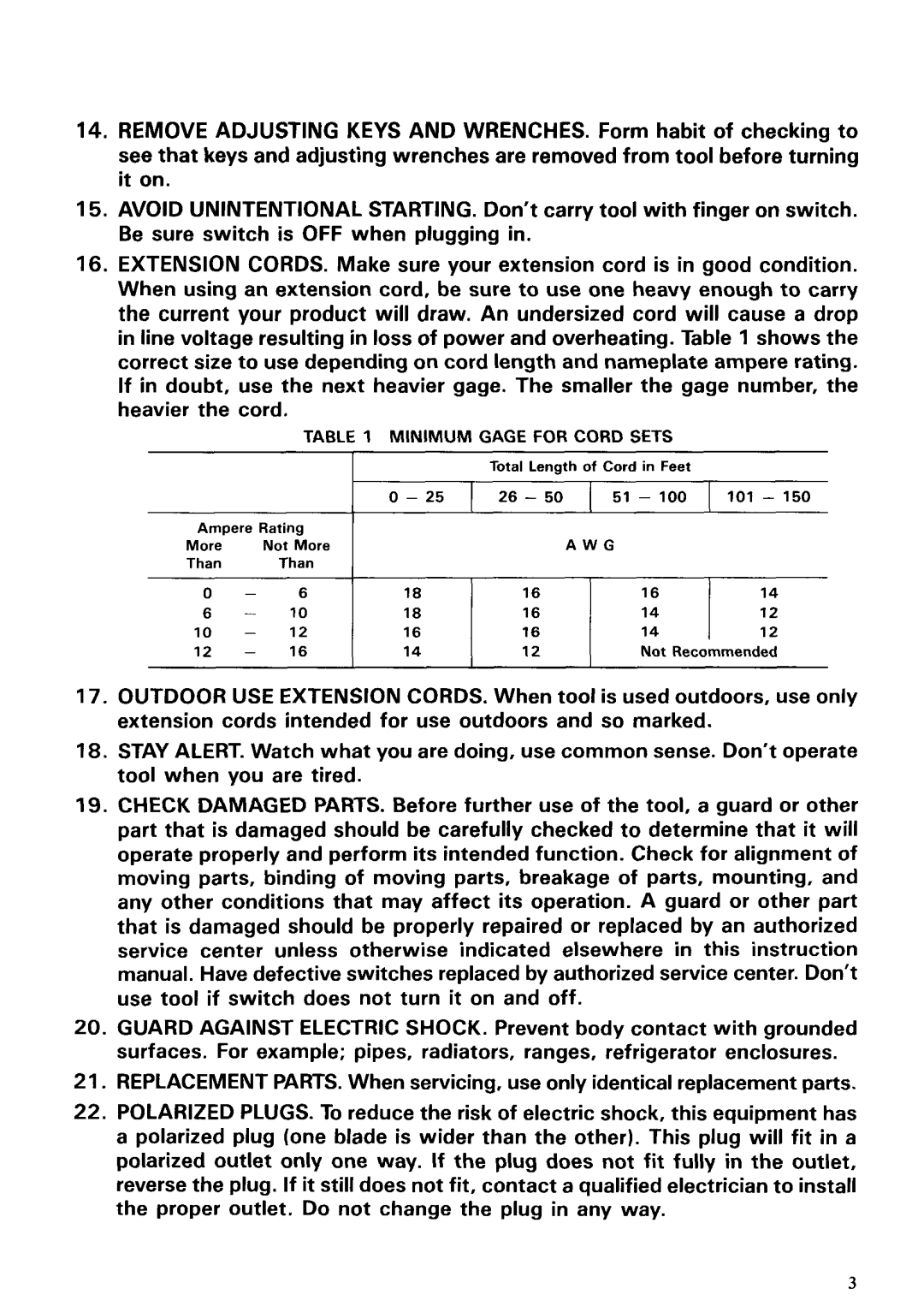 Makita 4320 instruction manual Minimum Gage for Cord Sets 