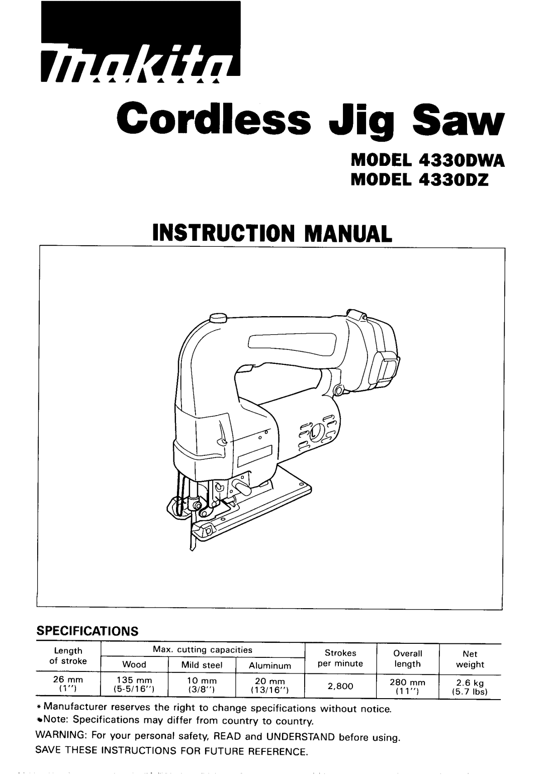 Makita 433ODWA instruction manual Cordless Jig Saw, SPECIFlCAT10NS 