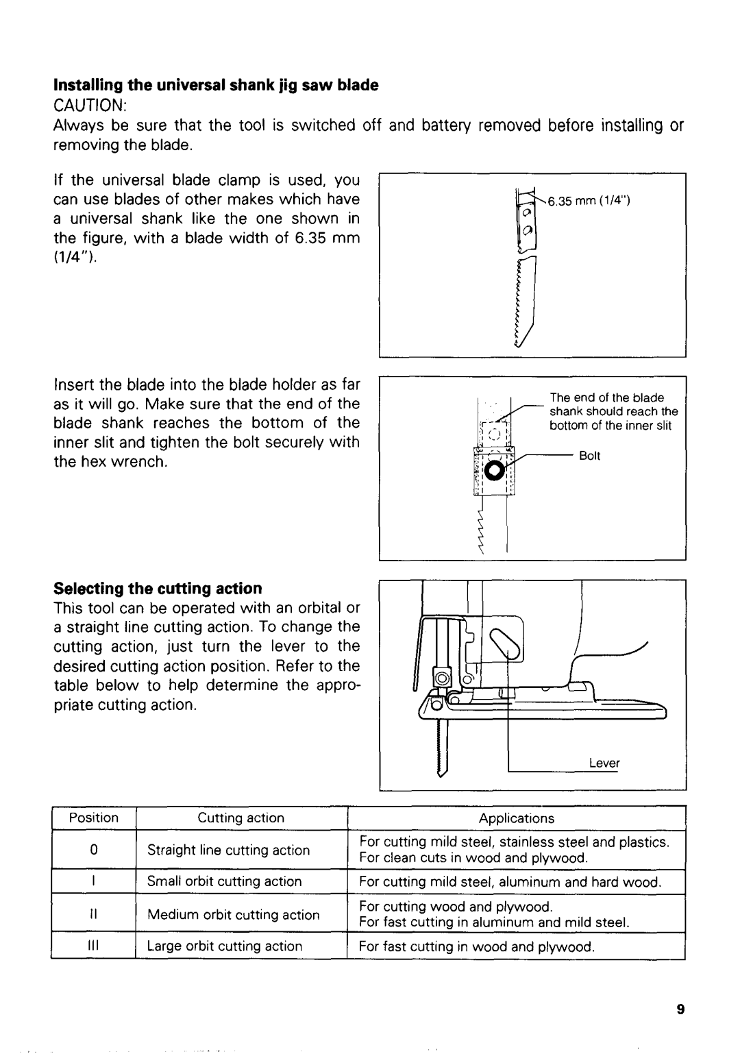 Makita 433ODWA instruction manual Installing the universalshank jig saw blade, Selecting the cutting action 