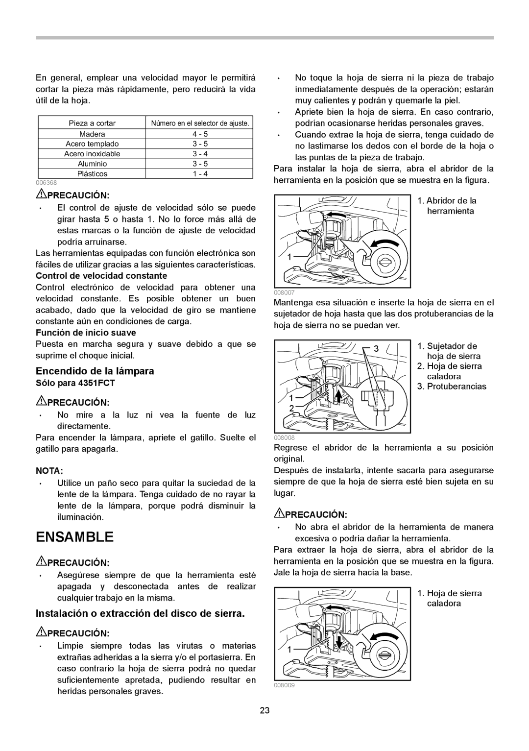 Makita 4351T, 4351FCT, 4351CT Ensamble, Encendido de la lámpara, Instalación o extracción del disco de sierra 