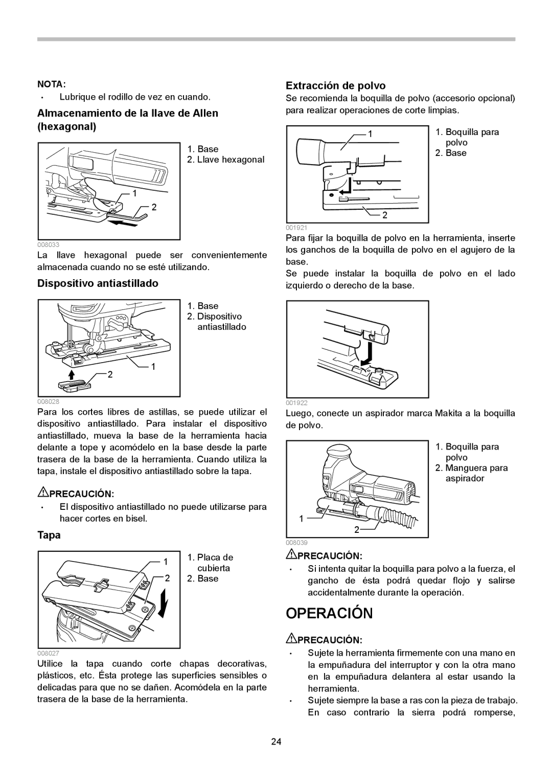 Makita 4351FCT Operación, Almacenamiento de la llave de Allen hexagonal, Dispositivo antiastillado Extracción de polvo 