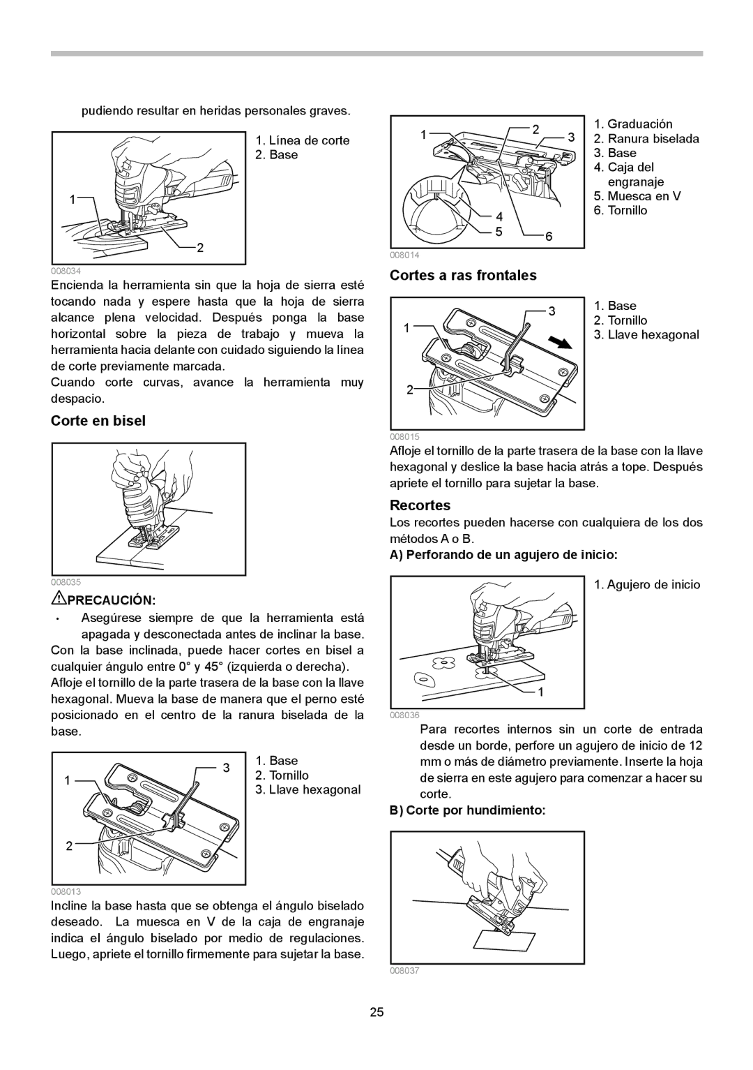 Makita 4351CT Cortes a ras frontales, Corte en bisel, Recortes, Perforando de un agujero de inicio, Corte por hundimiento 