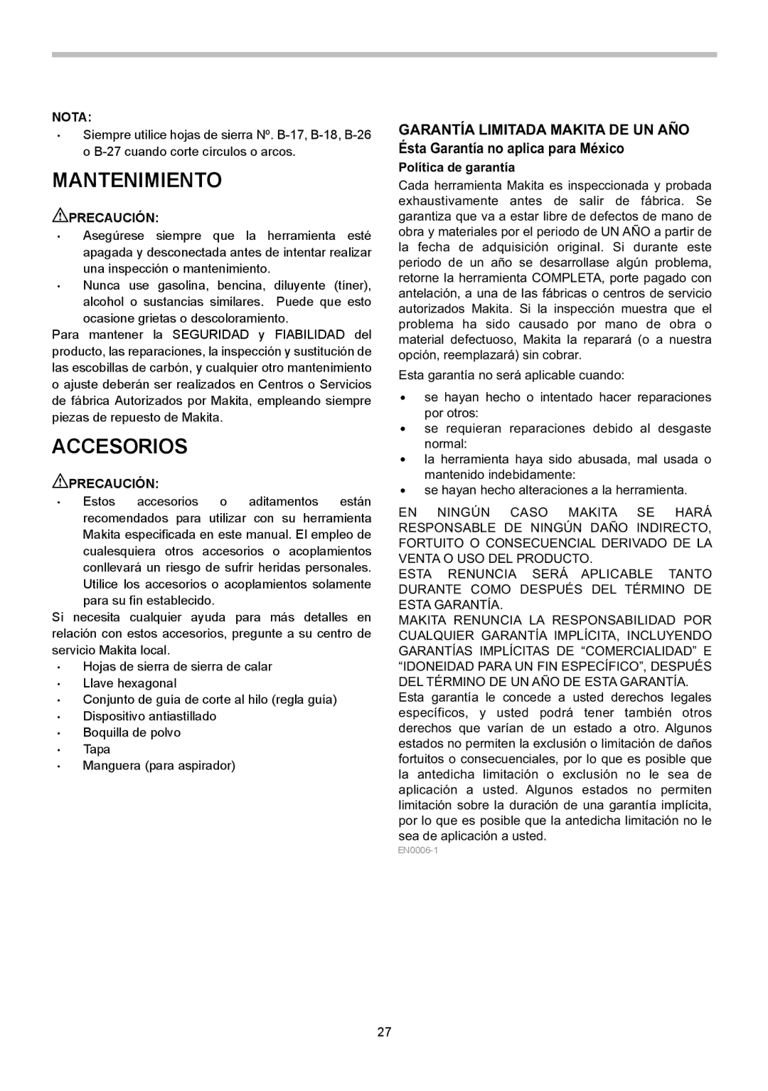 Makita 4351FCT, 4351CT, 4351T instruction manual Mantenimiento, Accesorios, Política de garantía 