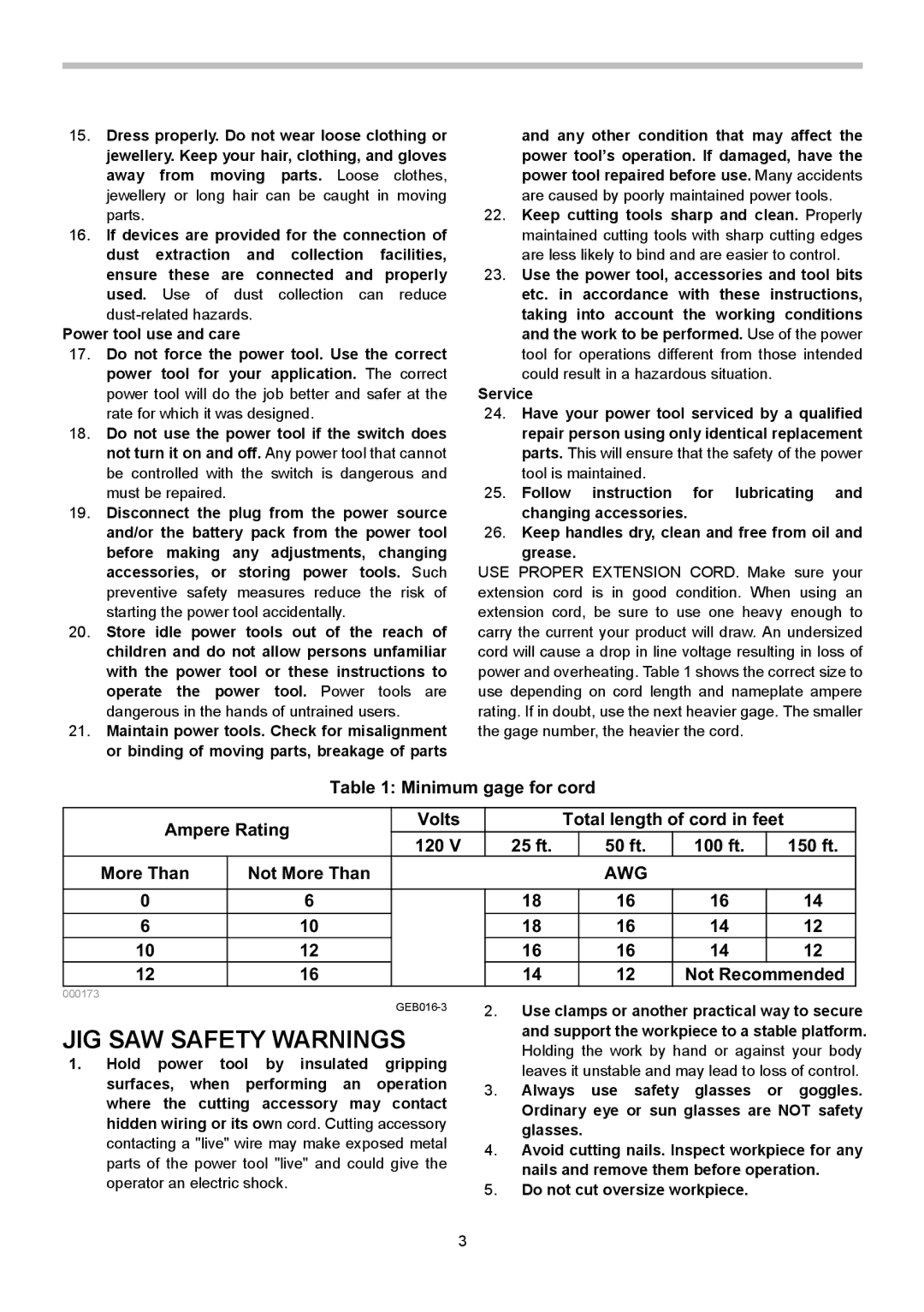 Makita 4351FCT, 4351CT, 4351T instruction manual JIG SAW Safety Warnings, Minimum gage for cord Ampere Rating Volts 