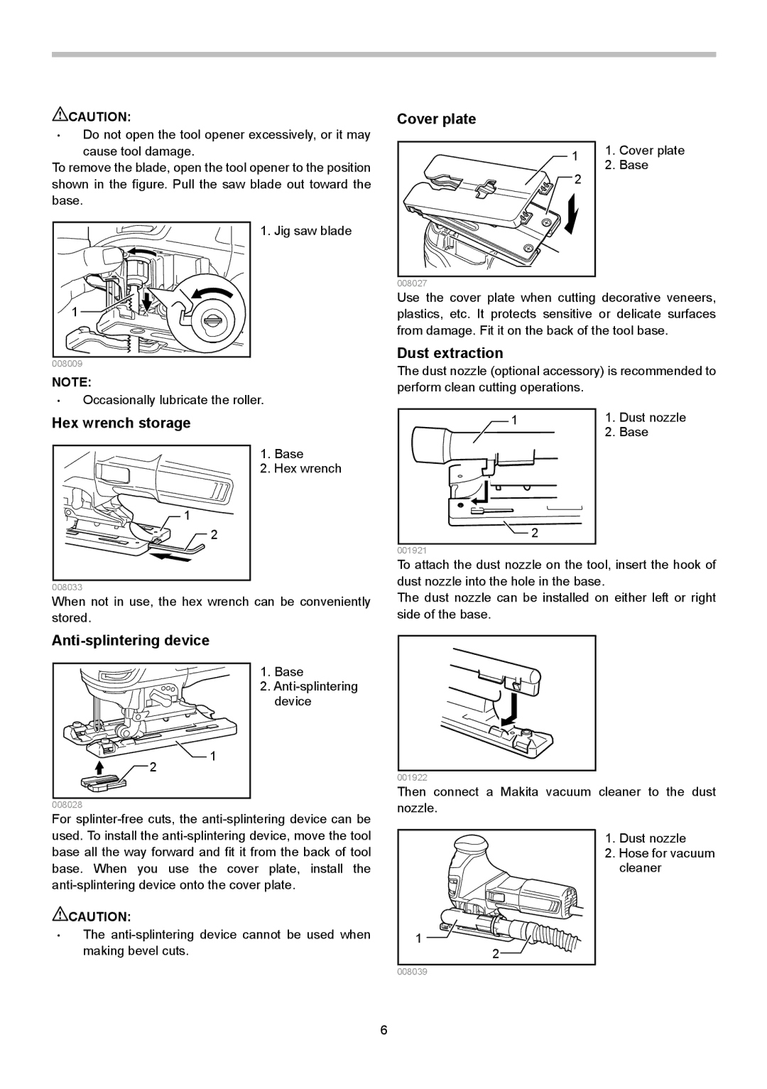 Makita 4351FCT, 4351CT, 4351T instruction manual Hex wrench storage, Anti-splintering device Cover plate, Dust extraction 