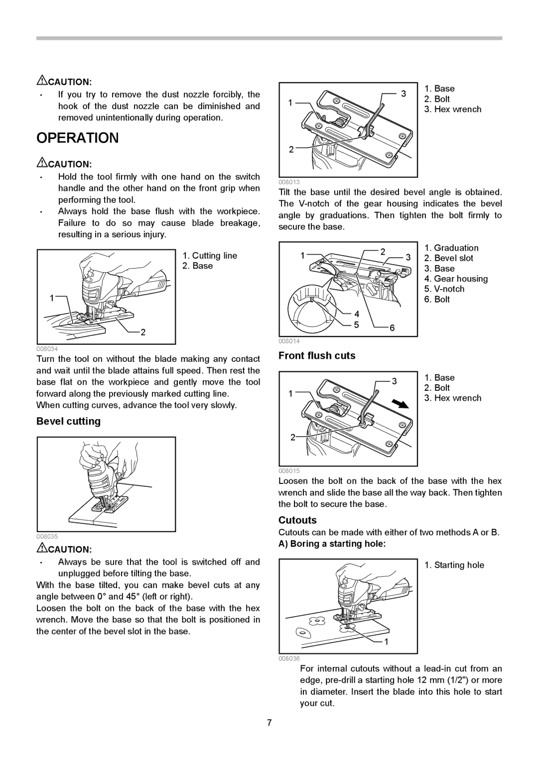 Makita 4351CT, 4351FCT, 4351T instruction manual Operation, Front flush cuts, Bevel cutting, Cutouts, Boring a starting hole 