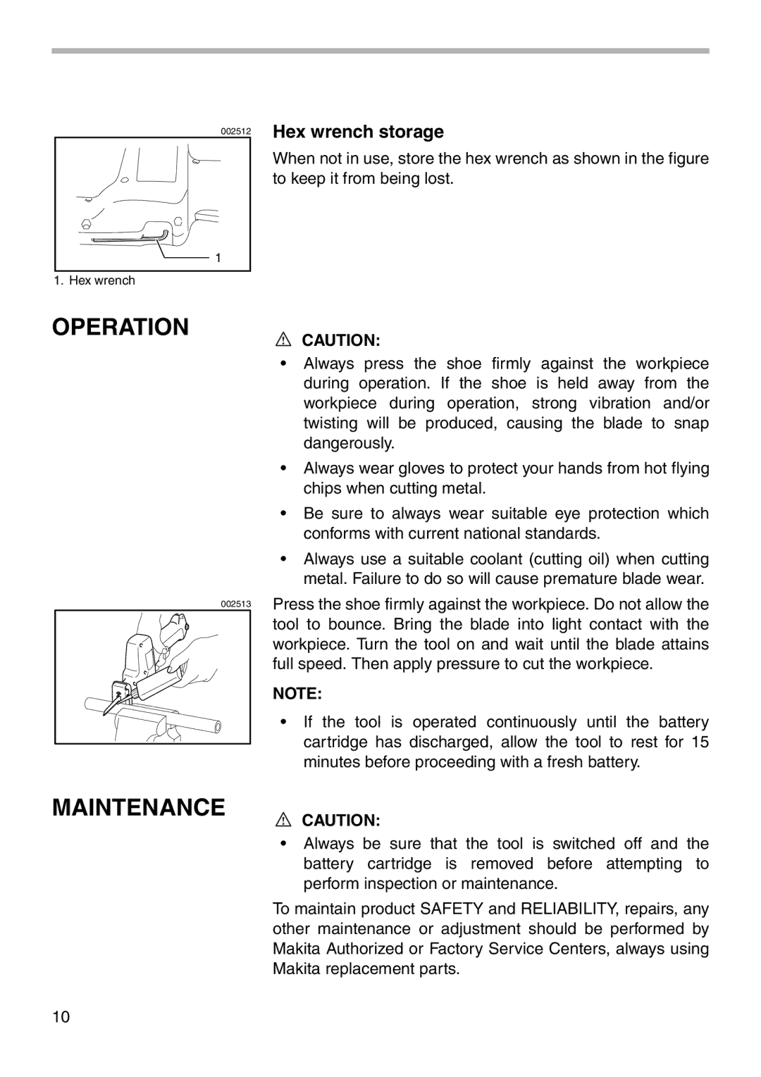 Makita 4390D instruction manual Operation, Maintenance 