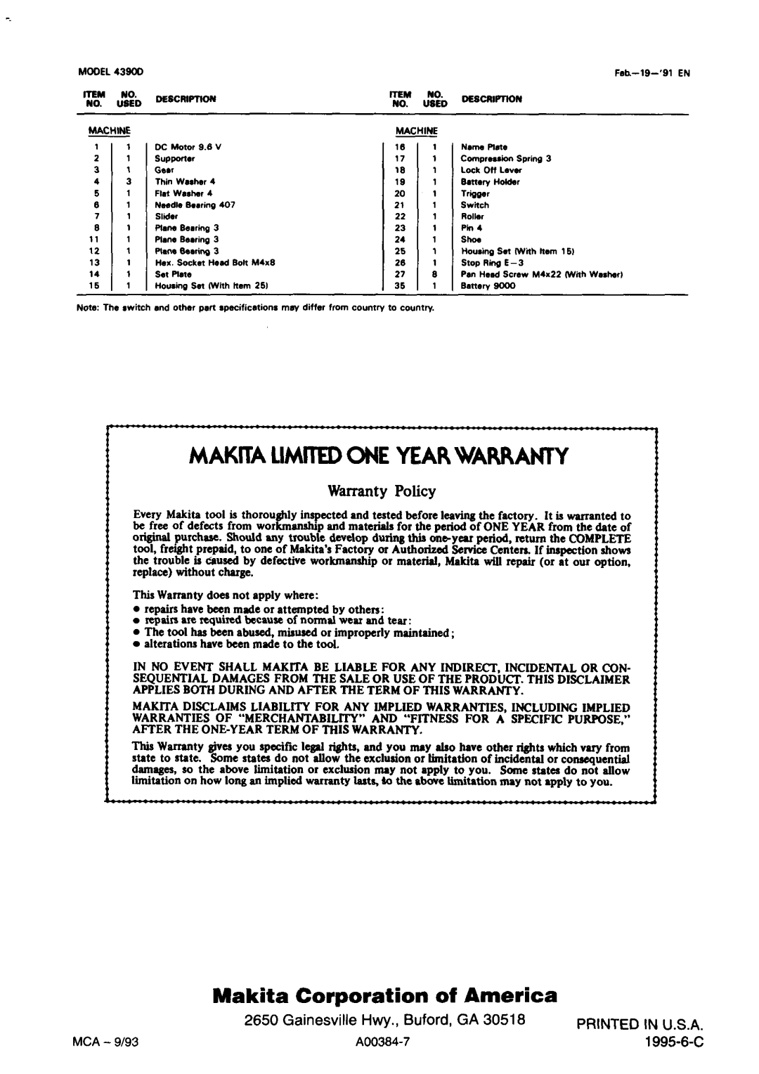 Makita 4390DW, 43901D instruction manual Makita Limited ONE Year Warranty 