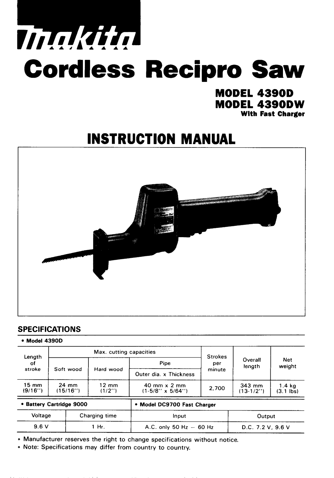 Makita 43901D instruction manual MODEL MODEL 4390DW, Specifications, Cordless Recipro Saw, Instruction Manual, 12 mm, W16” 