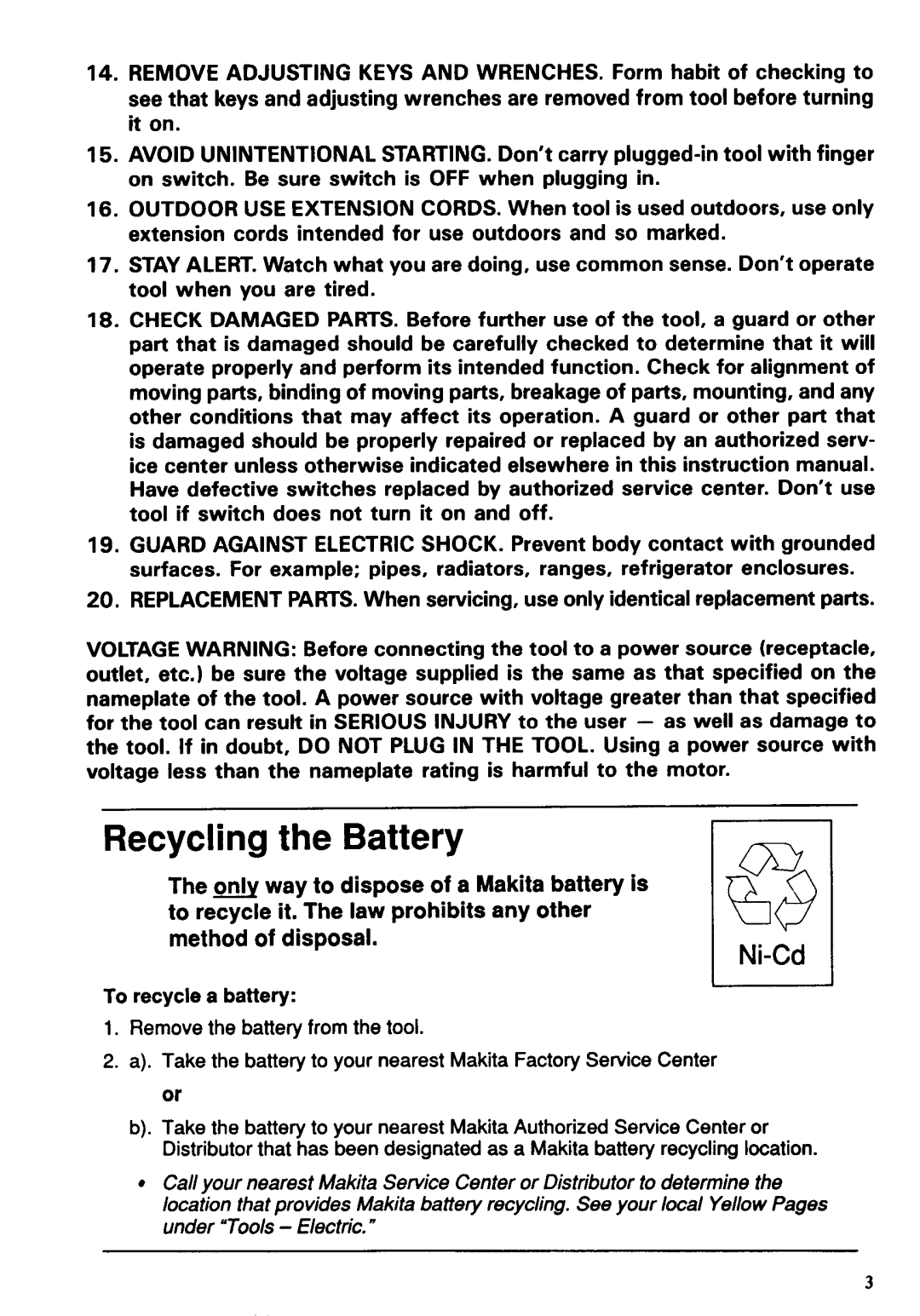Makita 43901D, 4390DW instruction manual Ni-Cd, Recycling the Battery, method of disposal 