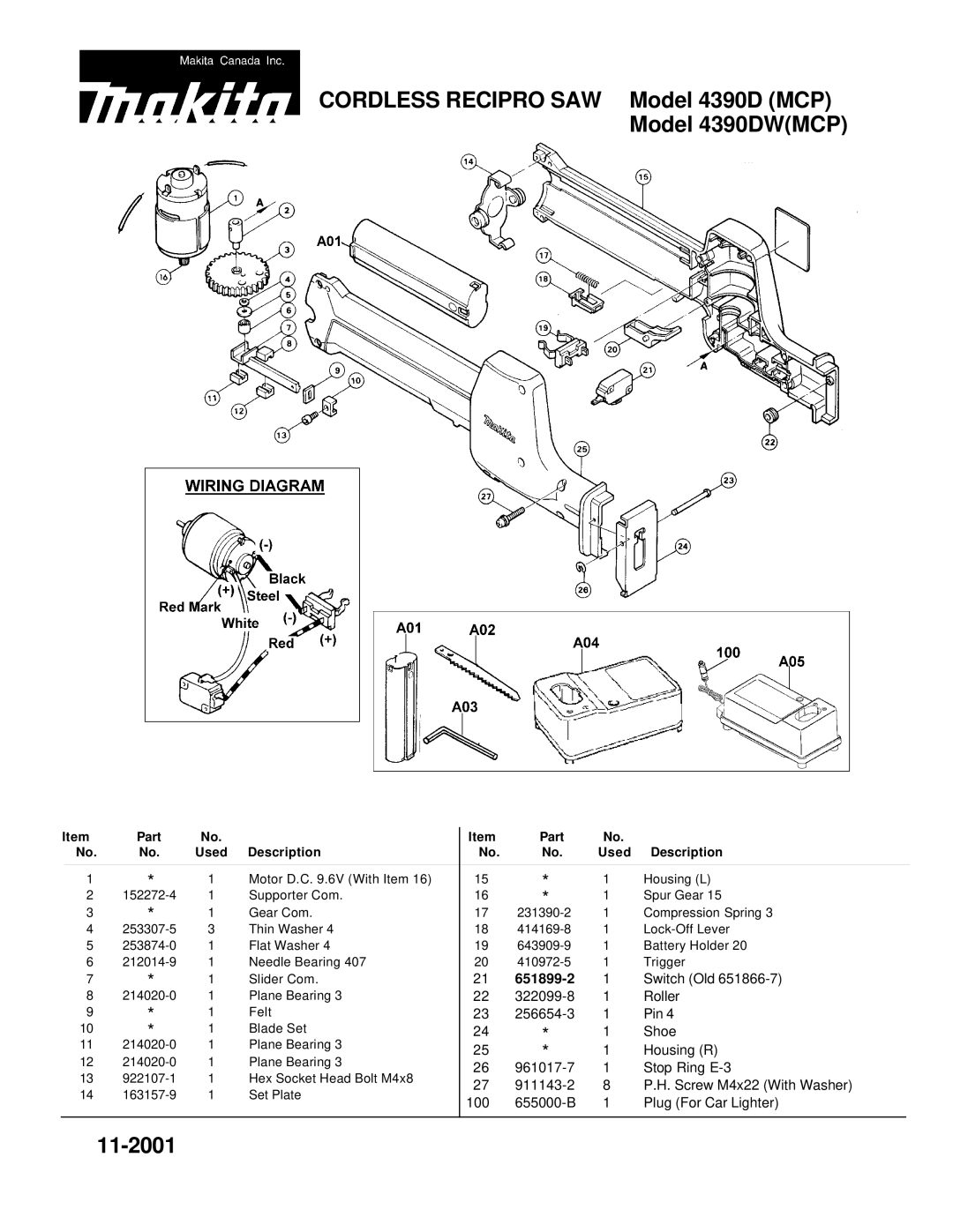 Makita 4390DW manual Switch Old, Roller, Pin, Shoe, Housing R, Stop Ring E-3, Screw M4x22 With Washer 